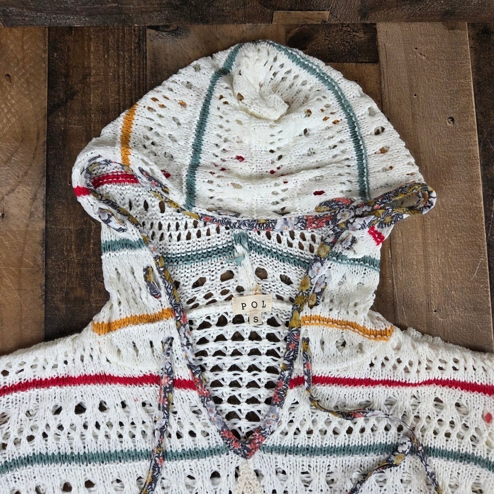 Anthropologie POL Crochet Knit Star Hoodie White Color Stripes Boho Hippie Small - Picture 3 of 11
